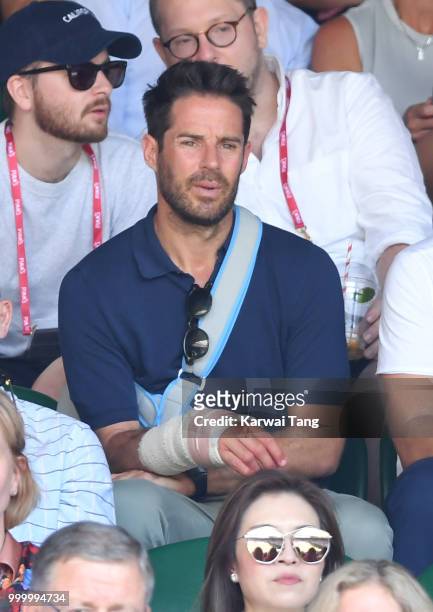 Jamie Redknapp attends the men's single final on day thirteen of the Wimbledon Tennis Championships at the All England Lawn Tennis and Croquet Club...