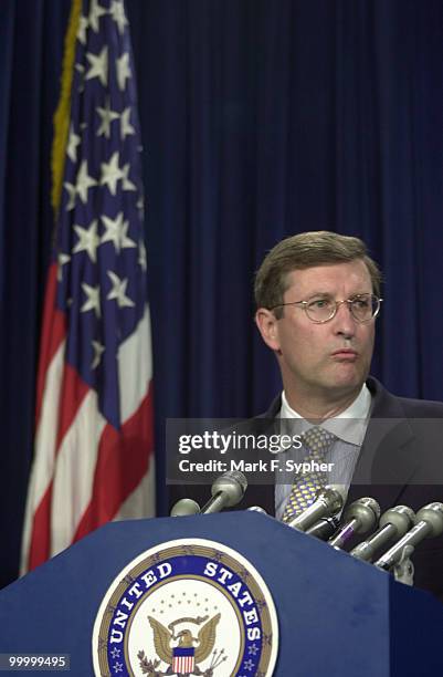 Senator Kent Conrad, D-N.D., speaks to reporters at a budget surplus press conference.