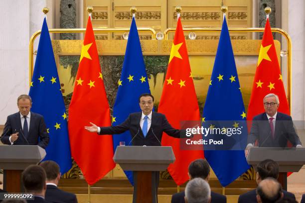 European Council President Donald Tusk, Chinese Premier Li Keqiang and European Commission President Jean-Claude Juncker attend a joint press...