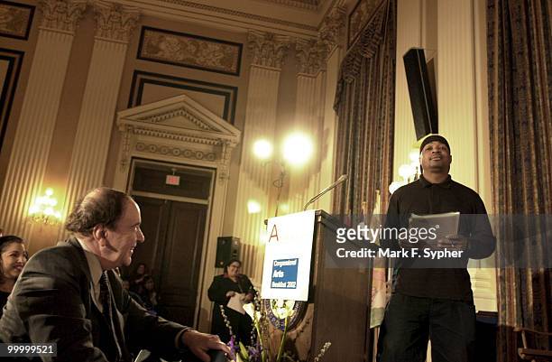 One of the originators of the hip-hop culture, Chuck D, concludes his speech in the Cannon Caucus Room Tuesday morning.