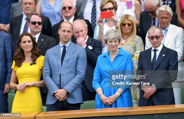 Catherine, Duchess of Cambridge, Prince William, Duke of Cambridge, Prime Minister Theresa May and Philip May attend the men's single final on day...