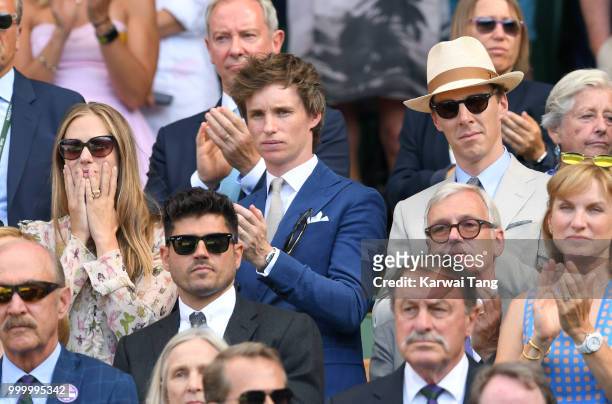 Hannah Bagshawe, Eddie Redmayne and Benedict Cumberbatch attend the men's single final on day thirteen of the Wimbledon Tennis Championships at the...