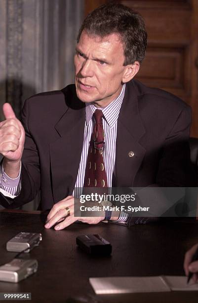 Senate Minority Leader, Thomas A. Daschle speaks to reporters in his chambers on Wednesday.