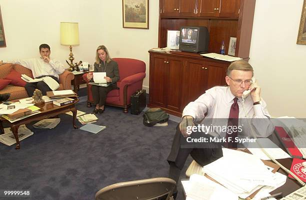 Senator Byron L. Dorgan and staffers work in the basement of the U.S. Capitol, in room SC 10A, instead of taking the week off. Sen. Dorgan said "All...