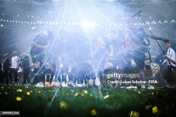 Team France celebrate after winning the 2018 FIFA World Cup Russia Final between France and Croatia at Luzhniki Stadium on July 15, 2018 in Moscow,...