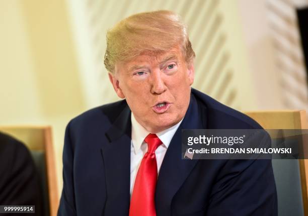 President Donald Trump speaks during the meeting with the Finnish President at the Mantyniemi Presidential Residence in Helsinki, on July 16, 2018. -...