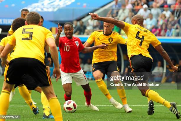 Raheem Sterling of England controls the ball under pressure of Belgium defense during the FIFA 2018 World Cup Russia Play-off for third place match...