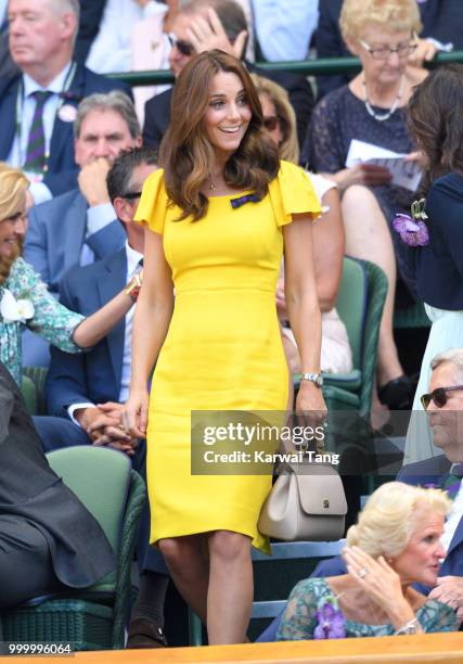 Catherine, Duchess of Cambridge attends the men's single final on day thirteen of the Wimbledon Tennis Championships at the All England Lawn Tennis...