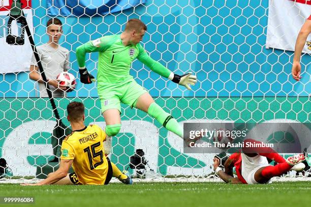 Thomas Meunier of Belgium scores the opening goal during the FIFA 2018 World Cup Russia Play-off for third place match between Belgium and England at...