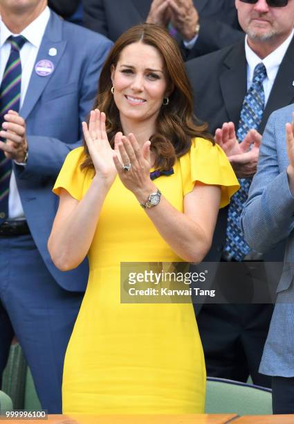 Catherine, Duchess of Cambridge attends the men's single final on day thirteen of the Wimbledon Tennis Championships at the All England Lawn Tennis...