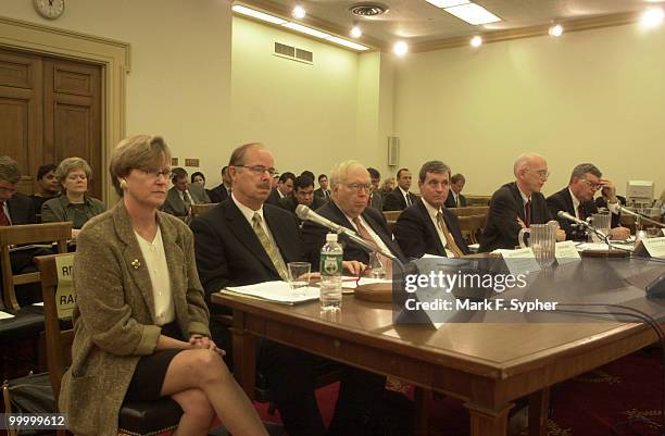 Homeland defense specialists, from left, Dr. Tara O'toole, Larry Wright, Dr. William Schneider, Peter Morris, Dr. George Whitesides, Dr. Roger...