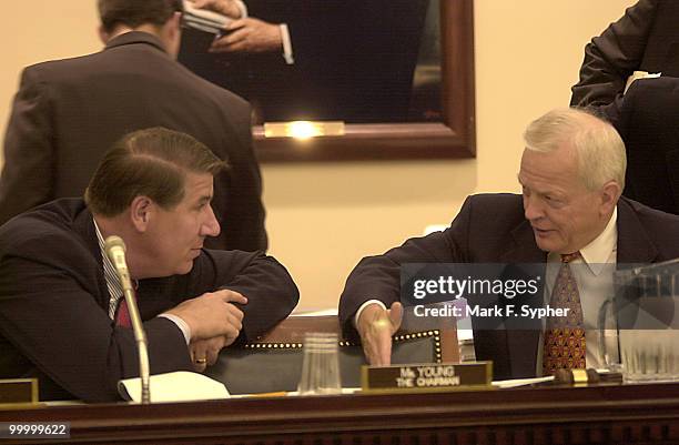 Rep. Ernest Jim Istook and Rep. Joseph Knollenberg chat during a markup in H140 on Thursday.