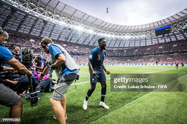 Samuel Umtiti of France celebrates his teams third goal during the 2018 FIFA World Cup Russia Final between France and Croatia at Luzhniki Stadium on...