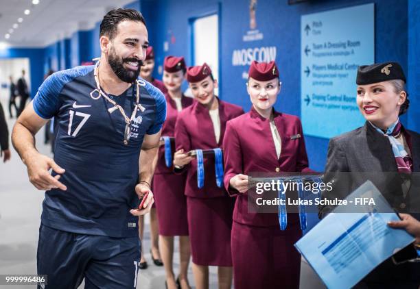 Adil Rami of France celebrates the win when he runs through the players tunnel after the 2018 FIFA World Cup Russia Final between France and Croatia...