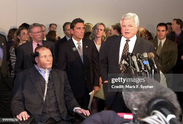 Senator Edward M. Kennedy joined Christopher Reeve and a host of media before the full committee hearing on Tuesday which examined the dangers of...