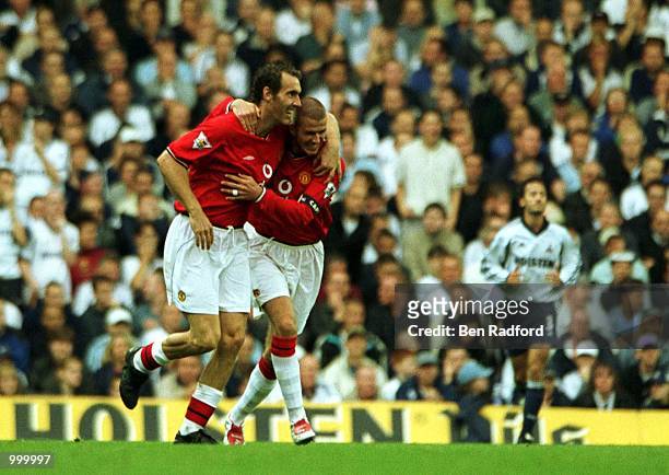 Laurent Blanc of Manchester United celebrates scoring the 2nd goal during the FA Barclaycard Premiership match between Tottenham Hotspur and...