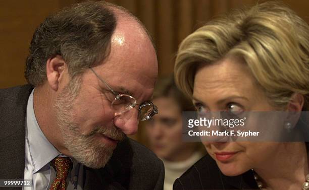 Senator Jon Corzine and Senator Hillary Rodham Clinton exchange words during Superfund, Toxics, Risk and Waste Management Subcommittee hearing on...