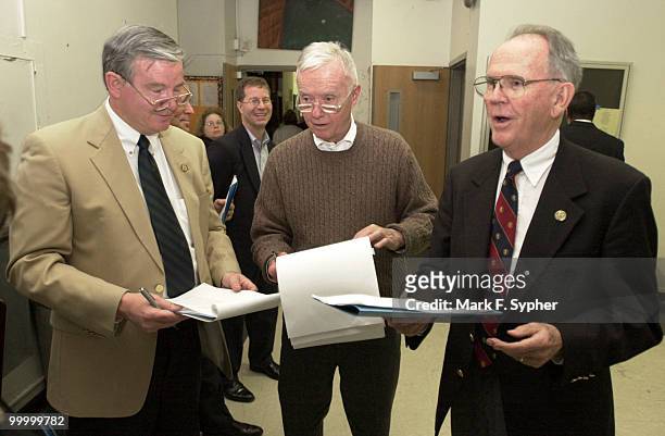 Reps. Joe Barton , Amory Houghton and Cass Ballenger practice lines backstage during Hexagon's 2002 Congress Night, on Wednesday at the Duke...