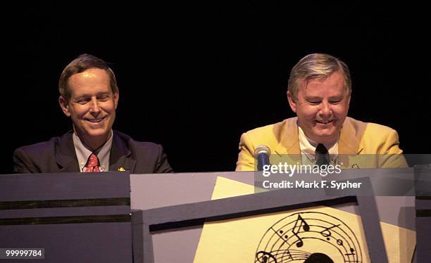 Reps. Joe Wilson and Joe Barton can hardly contain themselves during a "Newsbreak" during Hegagon's 2002 Congress Night, on Wednesday.