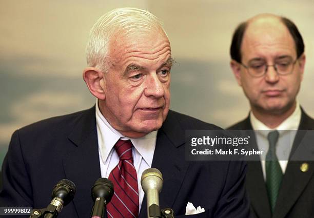 Former Speaker Tom Foley, at podium, spoke at a press conference on Wednesday in the Rayburn building on what to do in case of an attack on Congress....
