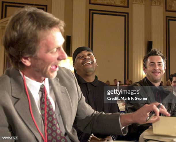 From Left, Peter Horton, Chuck D and Alan Cumming have a laugh in the Cannon Caucus Room during The Creative Coalition's Arts Advocacy Day...