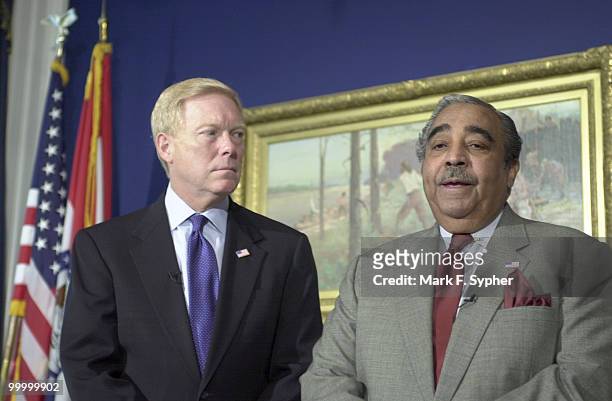 Minority Leader, Rep. Richard A. Gephardt and Rep. Charles B. Rangel spoke in Rep. Gephardt's dugout, questioning the House Republicans decesion to...