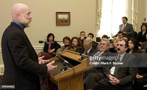 American journalist Thomas Goltz, who witnessed the last days of Khojaly spoke and answered questions at a meeting held in the Cannon Building by the...