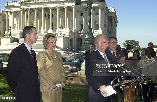 Senator Joseph Lieberman speaks at a press conference of his concern for a new Homeland Security Department, along with supporters Rep. Mac...