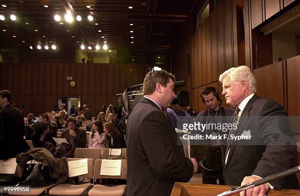 Senator Edward M. Kennedy gives a quick interview before the full committee hearing on Tuesday which examined the dangers of cloning and the promise...