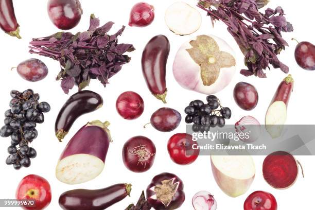 set of different violet raw vegetables and fruits, isolated on white - violet stock-fotos und bilder