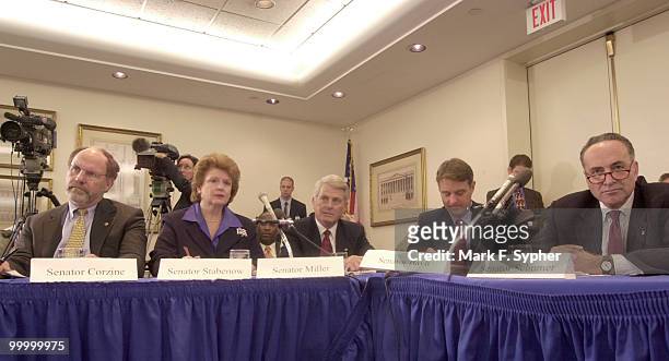 Senate Banking committee members listen to Sen. Bill Nelson's testimony. From left, Sen. Jon Corzine , Sen. Debbie Stabenow , Sen. Zell Miller , Sen....