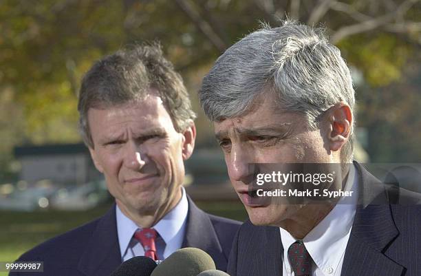 Former Treasury Secretary Robert Rubin, right, and Senate Minority Leader, Thomas Daschle ,left, spoke on Thursday along with Senator Byron Dorgen ,...