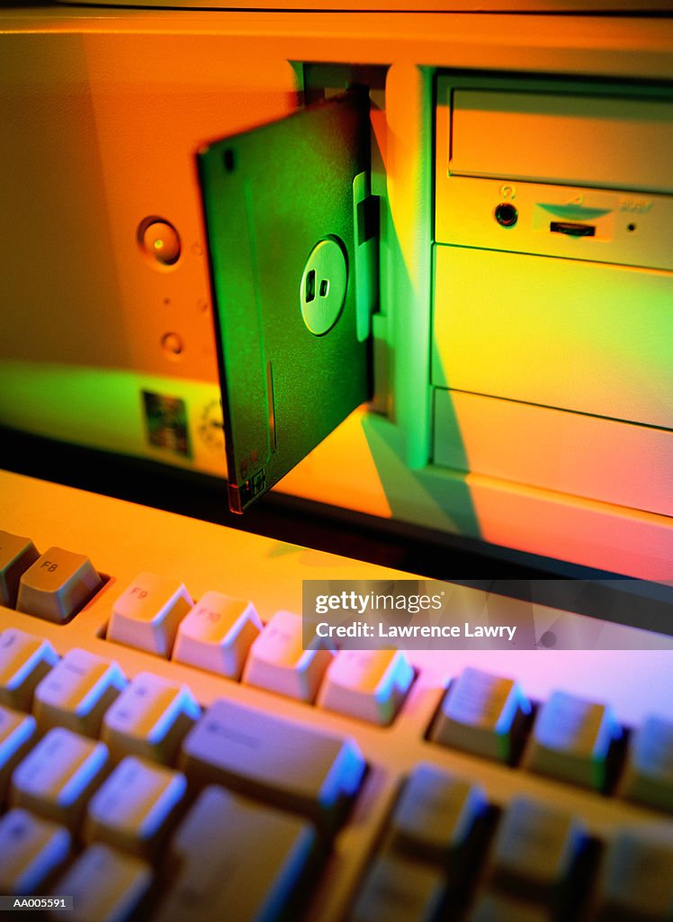 Close-Up of a Floppy Disk in a Disk Drive