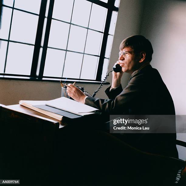 businessman talking on a telephone at a desk - monica askew stock pictures, royalty-free photos & images