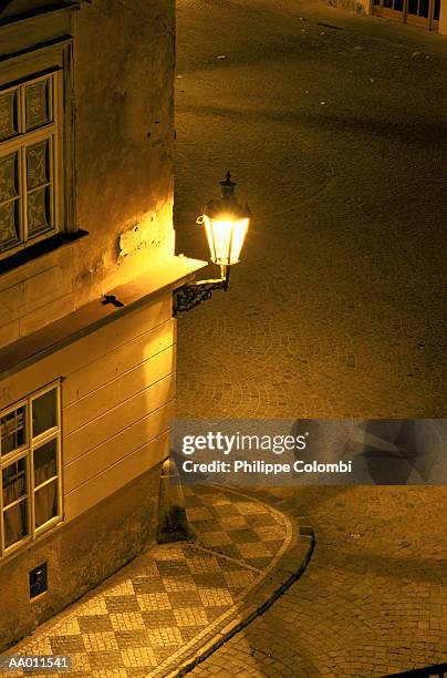 corner streetlight in at night in prague - elevated view of corner stock pictures, royalty-free photos & images