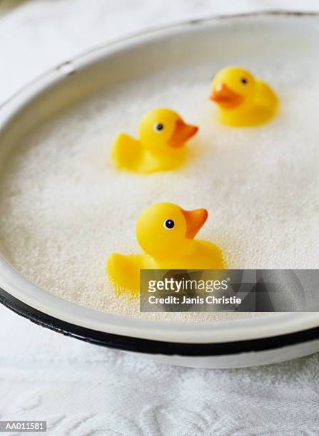 rubber ducks in a bowl of bubbles - rubber bowl stock-fotos und bilder