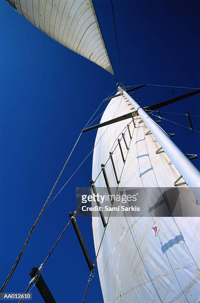 sails on boat, low angle view - jib stockfoto's en -beelden
