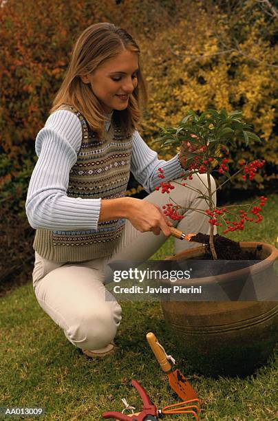 woman planting a plant in a flower pot - pot plant stock pictures, royalty-free photos & images