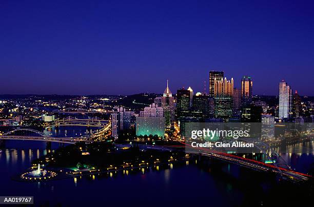 aerial view of pittsburgh, pennsylvania at night - allegheny river stock pictures, royalty-free photos & images