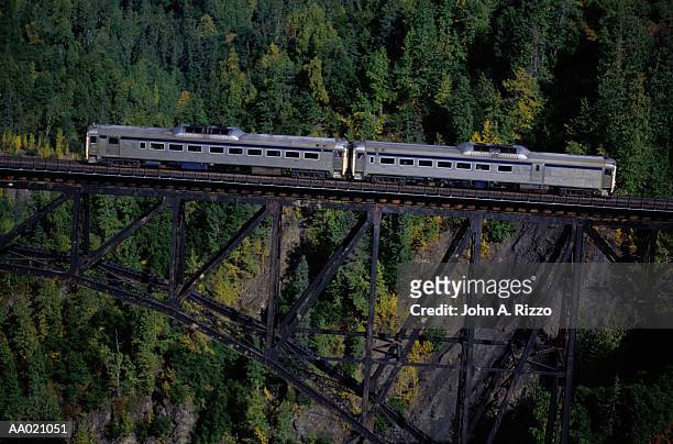 train on a bridge between mountains - talkeetna stock pictures, royalty-free photos & images