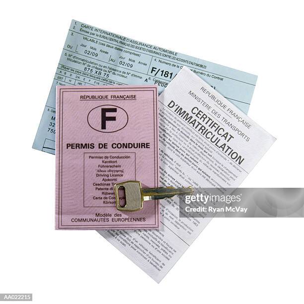 french driving license and insurance papers - vehicle registration stock pictures, royalty-free photos & images