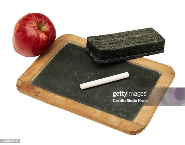 chalkboard, eraser and an apple - chalkboard eraser stock pictures, royalty-free photos & images