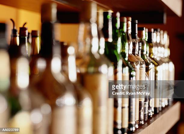 shelf of liquor bottles (differential focus - liquor stockfoto's en -beelden