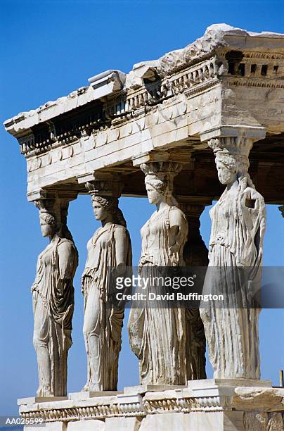greece, athens, acropolis, parthenon, erechtheum, porch of caryatids - athens acropolis stockfoto's en -beelden