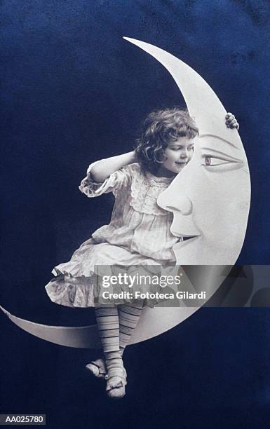 girl sitting on the moon - sepia stock-fotos und bilder