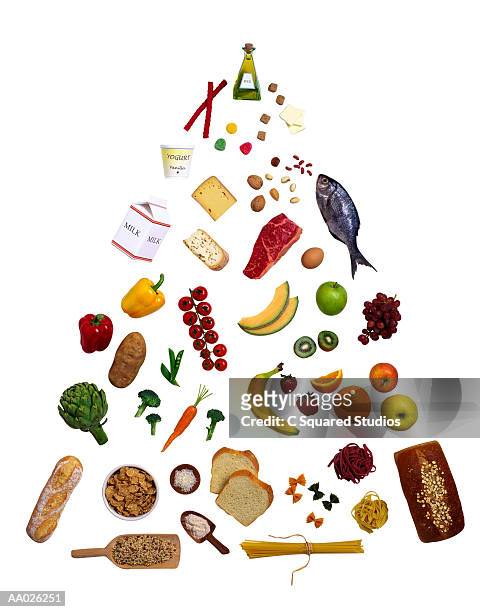 food pyramid with elements of a balanced diet - food groups stockfoto's en -beelden