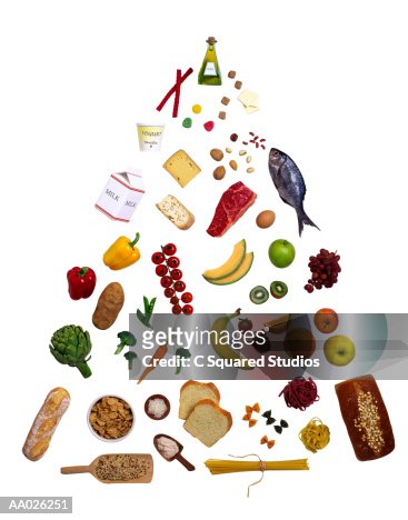 Food Pyramid With Elements Of A Balanced Diet High-Res Stock Photo ...