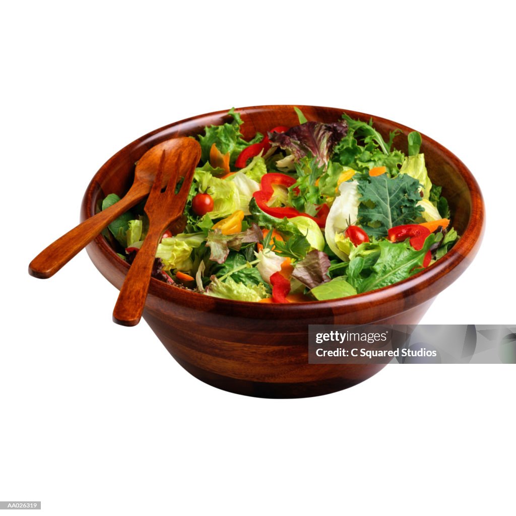 Green Salad in Wooden Bowl