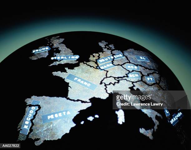 globe with the names of european currency - dm stockfoto's en -beelden
