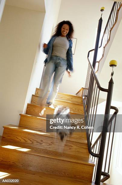 woman chasing dog down stairs - dog down stairs stock pictures, royalty-free photos & images